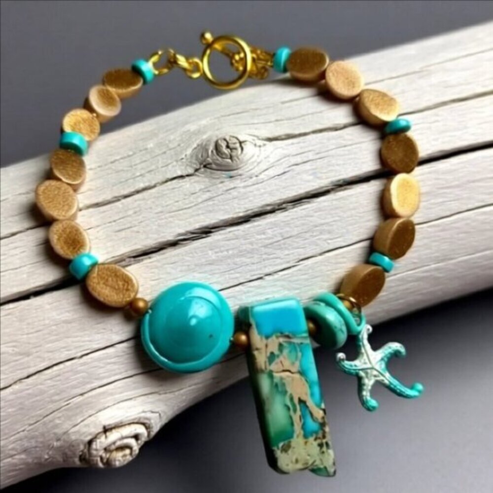 Coastal Cowgirl! Sea Sediment Jasper + Starfish + Shell Beaded Toggle Bracelet